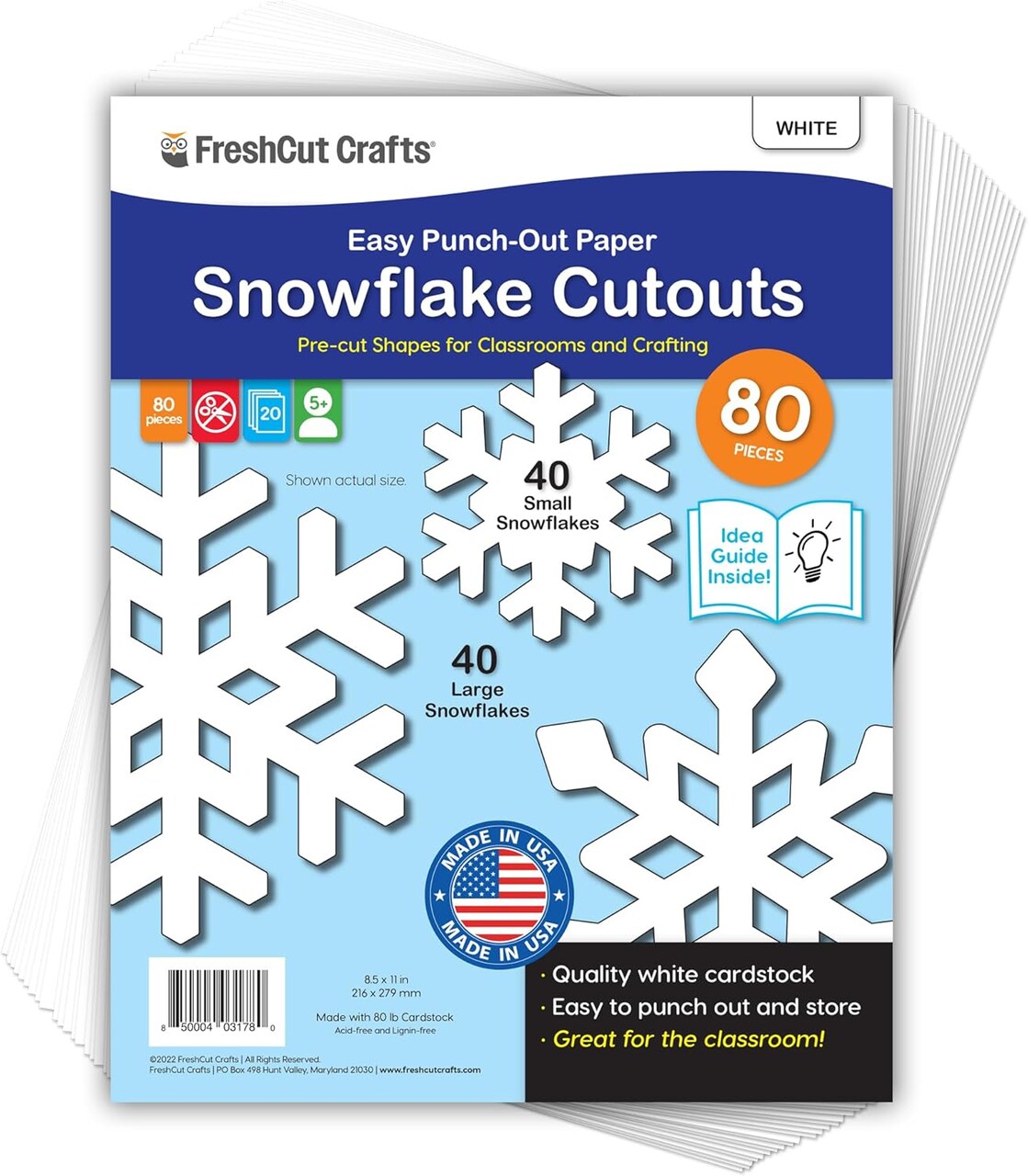 80PCS White Snowflake Paper Cutouts – Punch-Out Cardstock Winter Decorations with IDEA Guide for Classroom Bulletin Boards, DIY Crafts, Bulletin Displays & Winter Wonderland Decor
